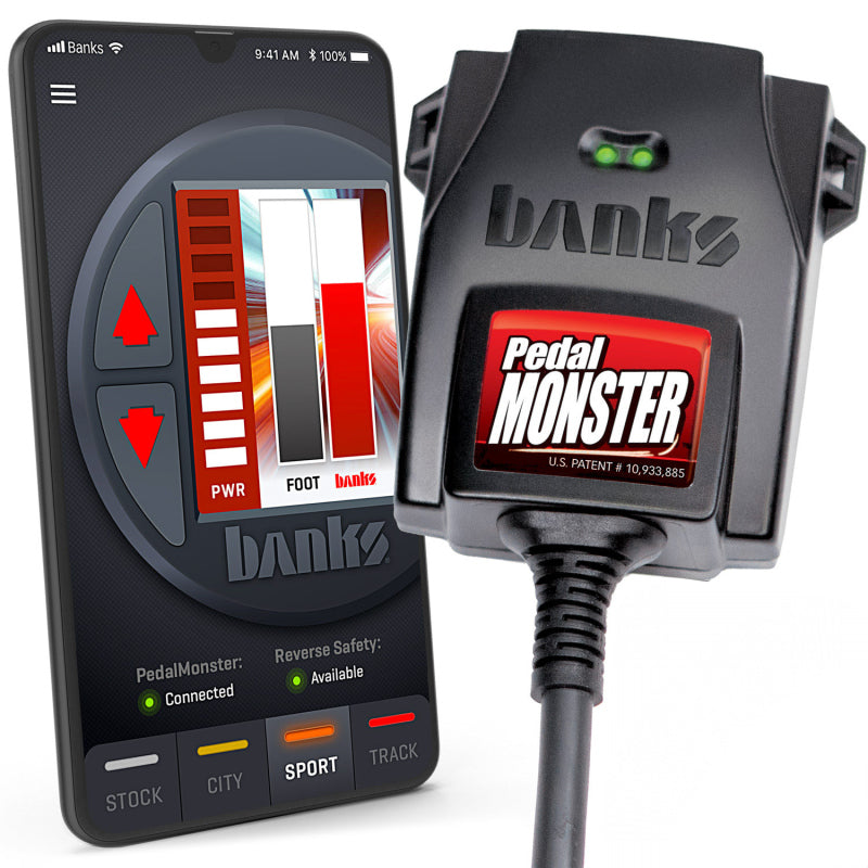 Banks Power PedalMonster stand-alone control module with Molex MX64-6 Way wiring harness and OBD-II connector.