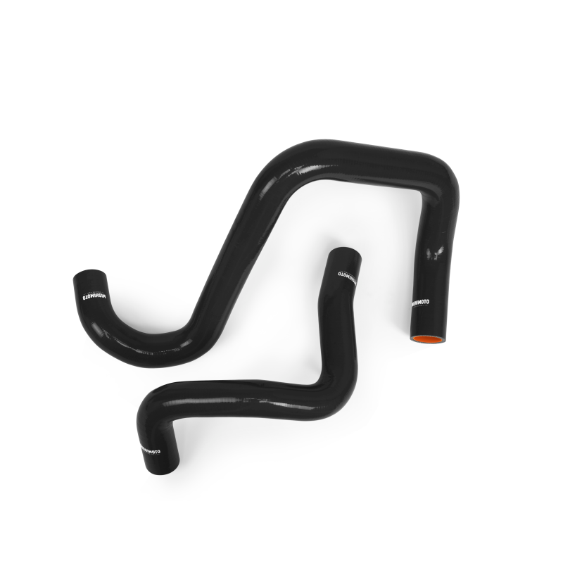 Mishimoto black 5-layer silicone upper and lower radiator hoses with four silver worm-gear clamps.