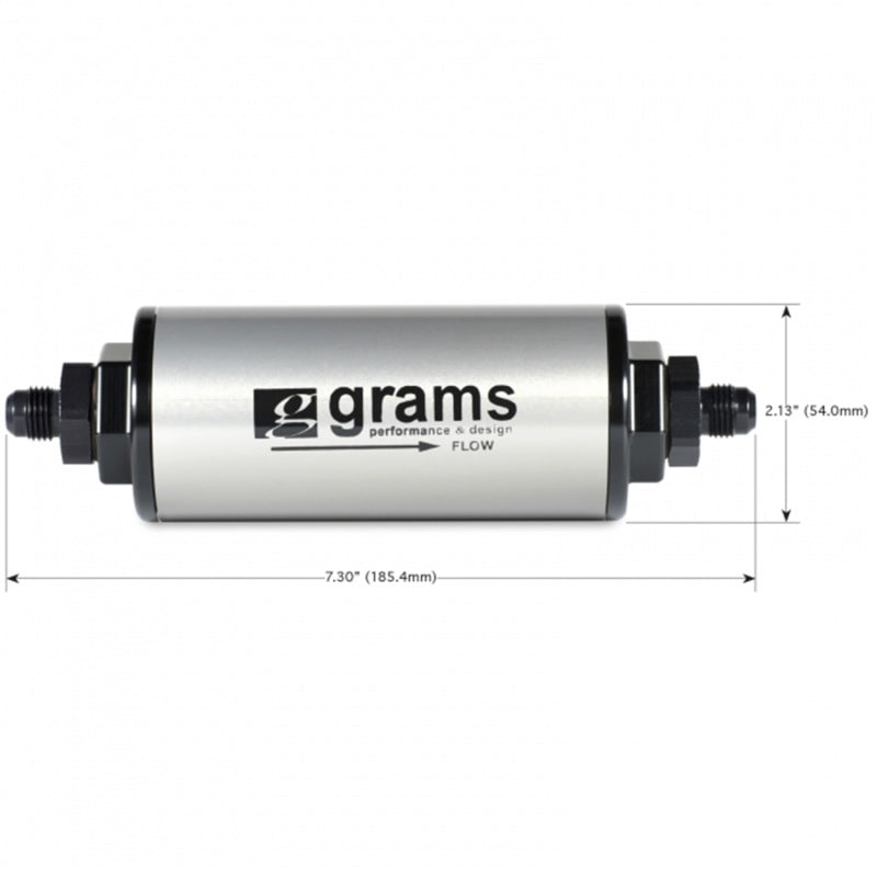 Grams Performance 20 micron inline fuel filter showing -6AN inlet and outlet fittings.