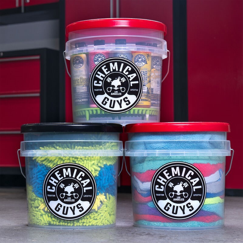 Transparent heavy-duty plastic car wash bucket with a steel handle and Chemical Guys logo