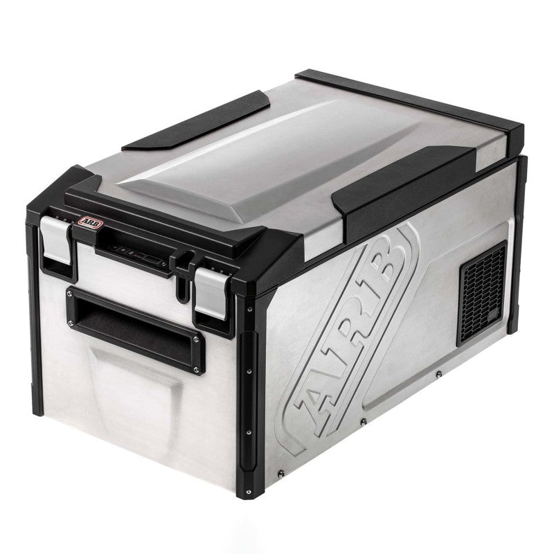 ARB Elements 63 quart stainless steel weatherproof fridge freezer with heavy-duty latches and ASA corner moldings.