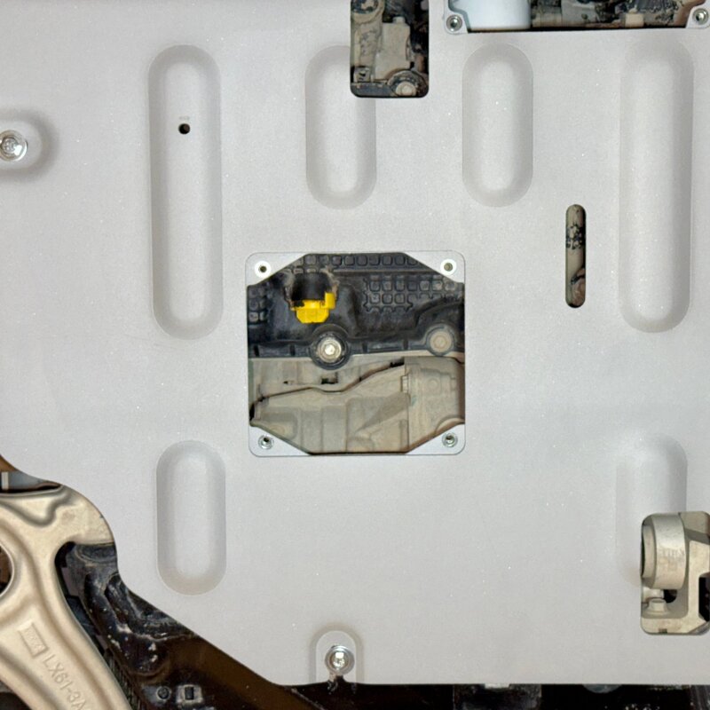 Matte metallic silver 1/4-inch deep-stamped aluminum engine skid plate for Ford Bronco Sport and Maverick Tremor.