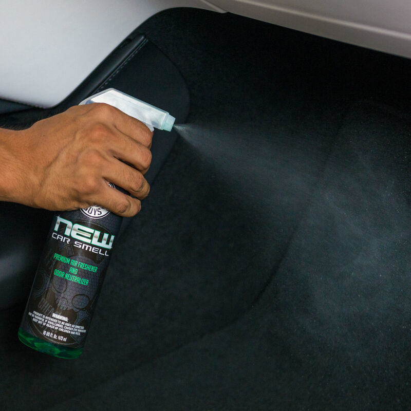 4oz bottle of Chemical Guys New Car Smell Air Freshener and Odor Eliminator with spray top