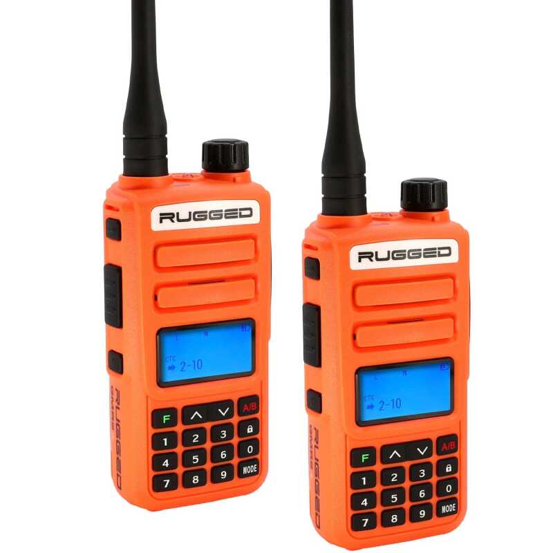 Pair of Rugged Radios GMR2 PLUS handheld two-way radios in high-visibility safety orange.