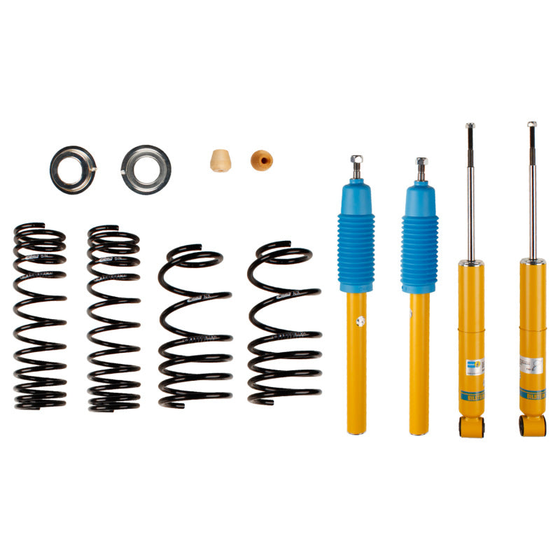 Bilstein B12 Pro-Kit suspension system with yellow gas-pressure dampers and black Eibach lowering springs.