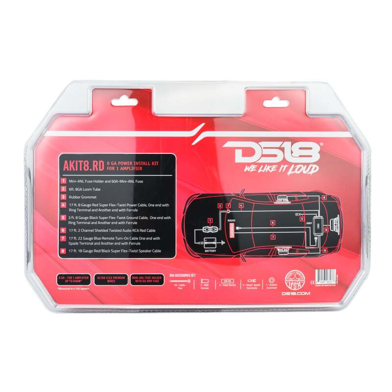 Red DS18 8-gauge amplifier wiring kit including power cables, fuse holder, and installation hardware.