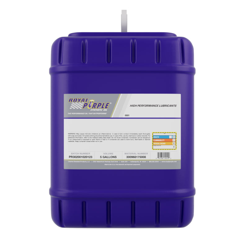 5-gallon purple pail of Royal Purple High Performance 10W-30 synthetic motor oil