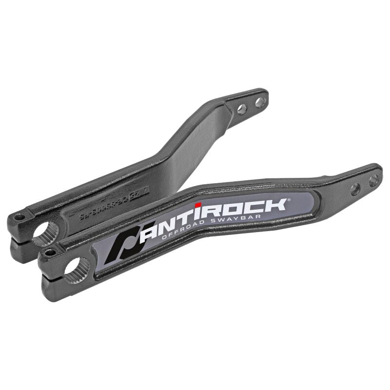 Pair of black RockJock Antirock forged 4140 chromoly sway bar arms with 2.5-inch offset and logo stickers.