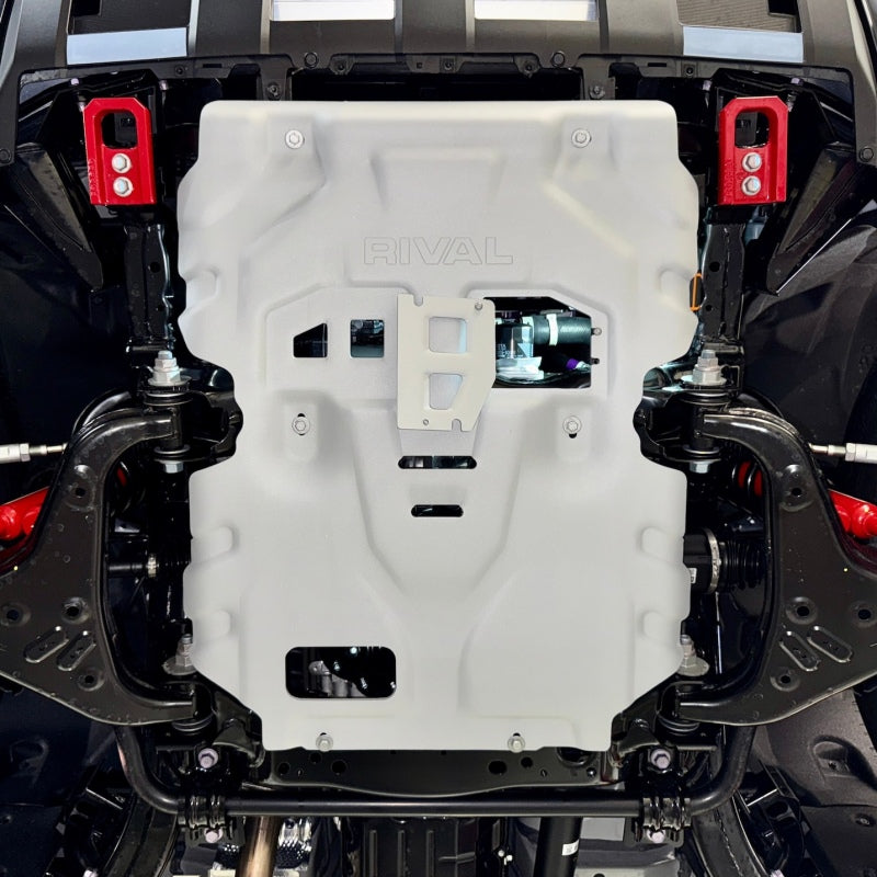 Rival silver aluminum engine skid plate for 2024-2026 Toyota Tacoma, 4Runner, and Land Cruiser