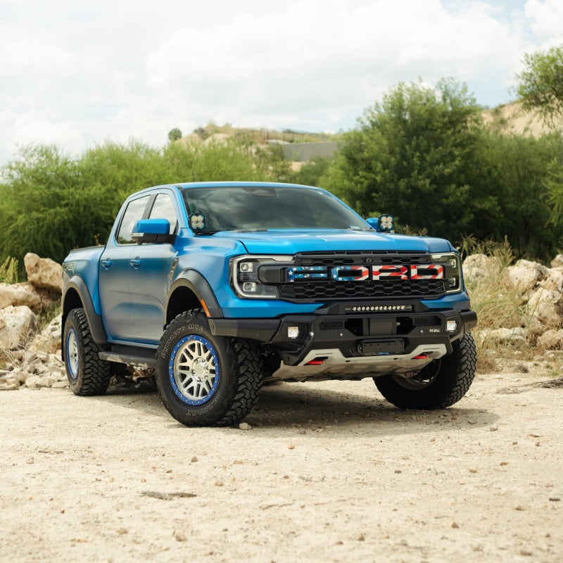 RIVAL black aluminum front bumper with integrated winch mount and recovery points for 2024-2026 Ford Ranger Raptor