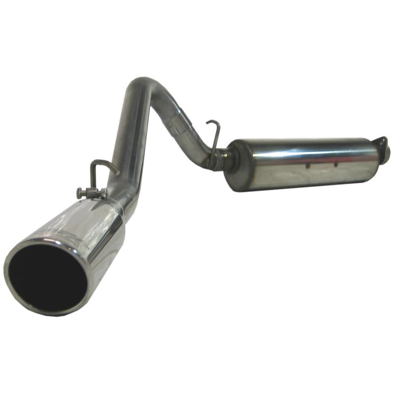 MBRP ARMOR PLUS Series T409 stainless steel single-side cat-back exhaust system with polished tip for Jeep Wrangler.