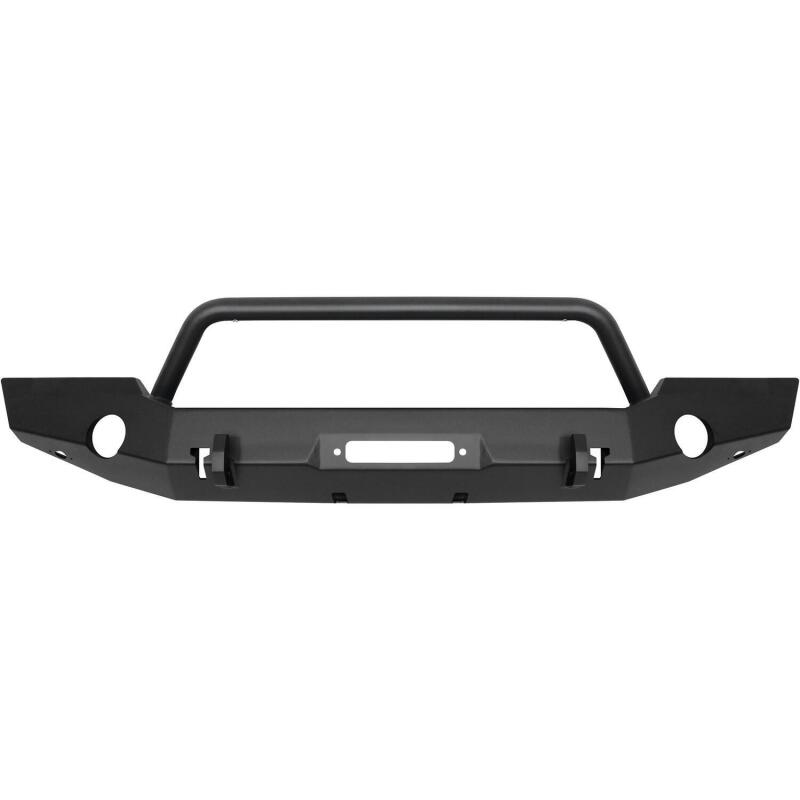 Westin WJ2 textured black full width front bumper with bull bar and winch mount for Jeep Wrangler and Gladiator.