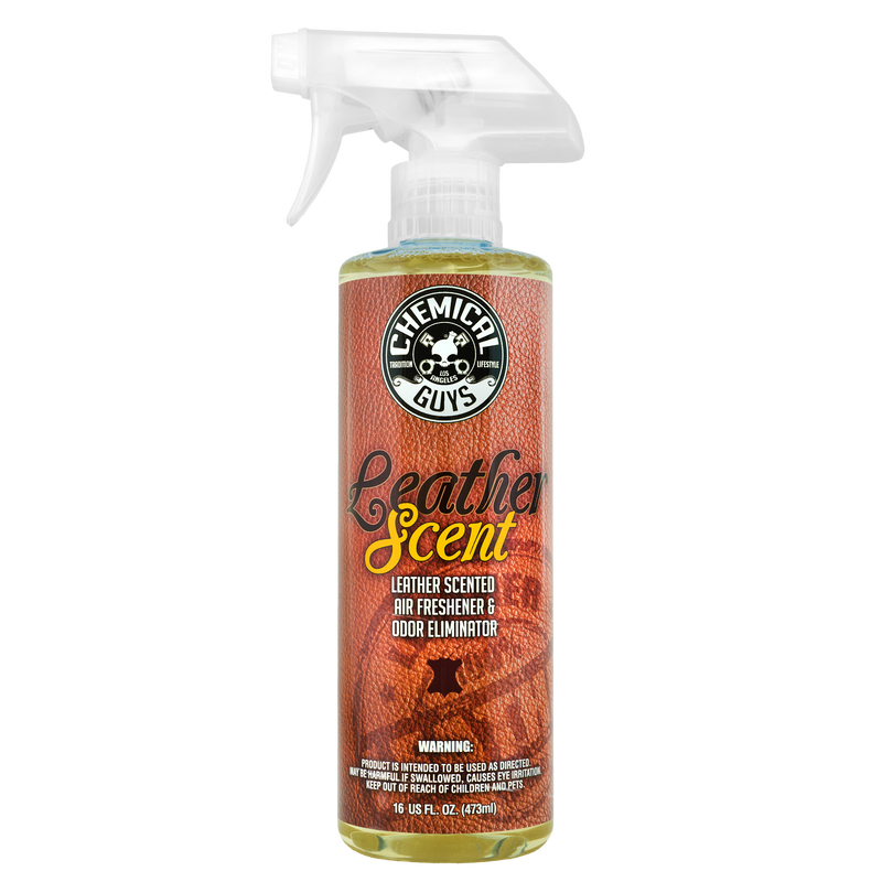16oz clear spray bottle of Chemical Guys Leather Scent Air Freshener and Odor Eliminator with amber-colored liquid.