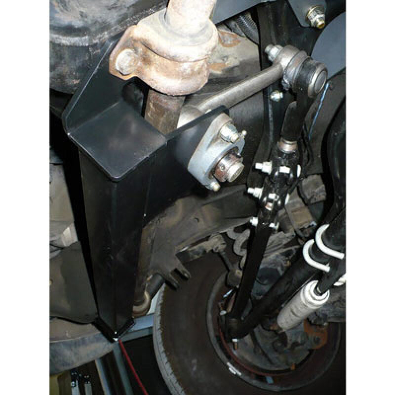 Synergy Manufacturing black powder-coated steel steering box brace with bearing for 1994-2002 Dodge Ram 4WD.