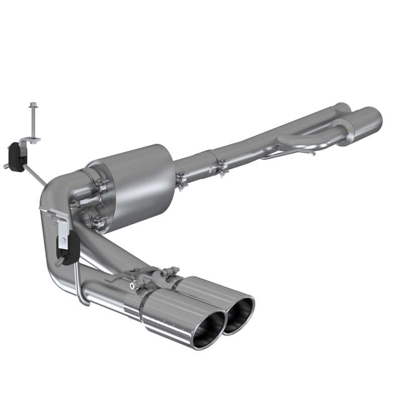 MBRP Armor Pro T304 stainless steel pre-axle dual side exit exhaust system with 4-inch polished tips.