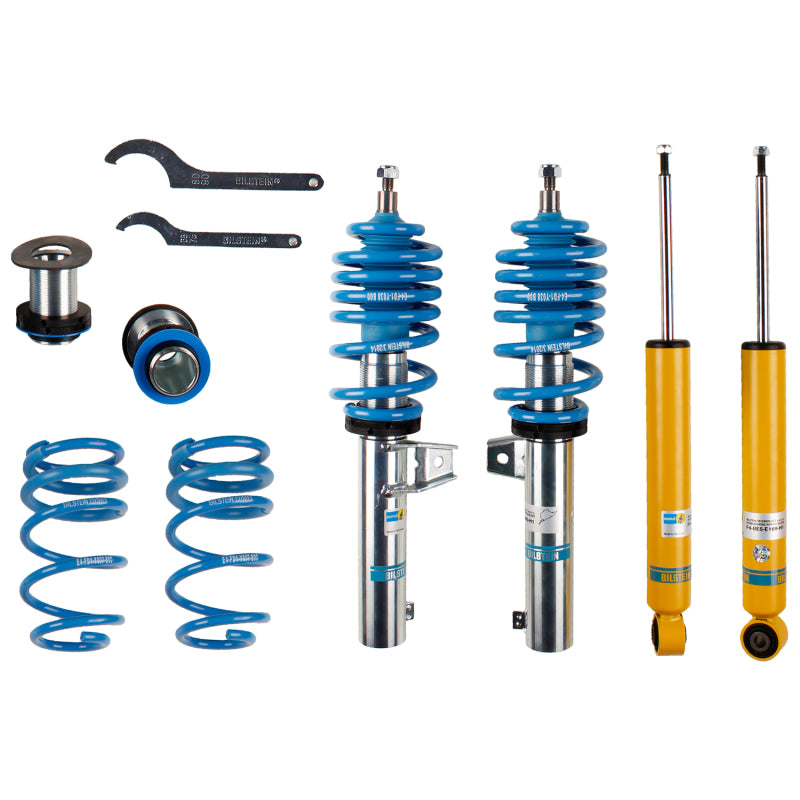 Bilstein B14 PSS coilover kit featuring blue performance springs and silver zinc-coated threaded monotube dampers