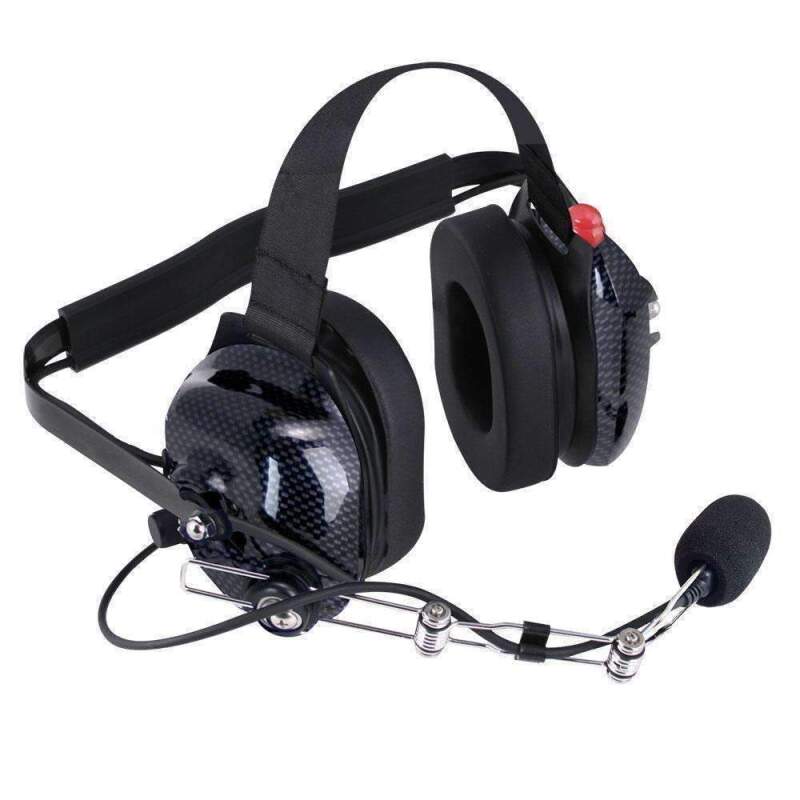 Rugged Radios H42-CF behind-the-head 2-way radio headset with carbon fiber finish and adjustable boom microphone.