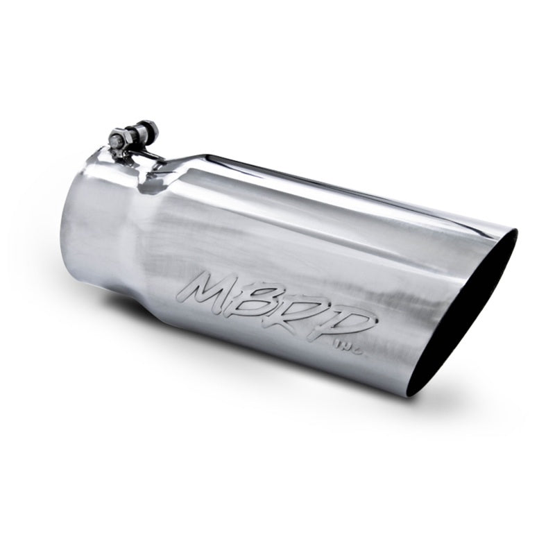 Mirror polished MBRP 5 inch OD angled single wall exhaust tip with a 4 inch inlet and 12 inch length