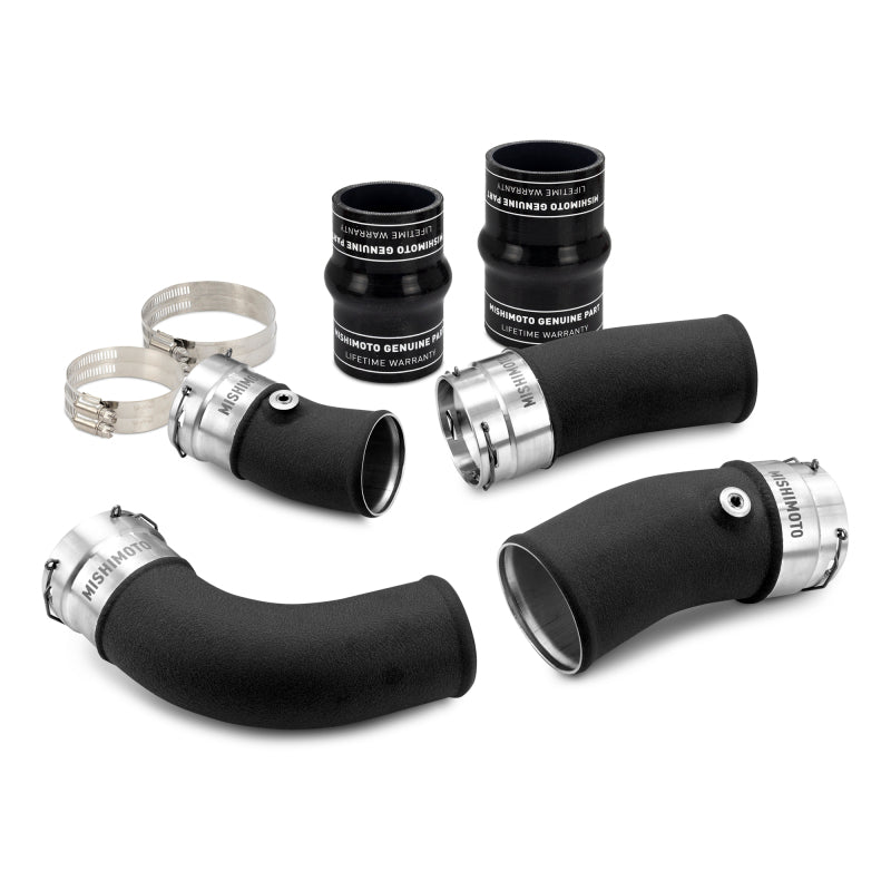 Mishimoto black powder-coated aluminum intercooler pipe kit with reinforced couplers and constant-tension clamps.