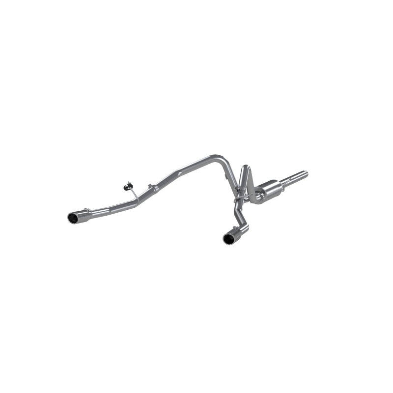 MBRP ARMOR PLUS Series T409 stainless steel dual split rear cat-back exhaust system with polished tips.