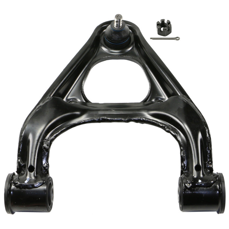 Black e-coated MOOG front upper control arm with pre-installed sealed ball joint for 1990-1997 Mazda Miata.