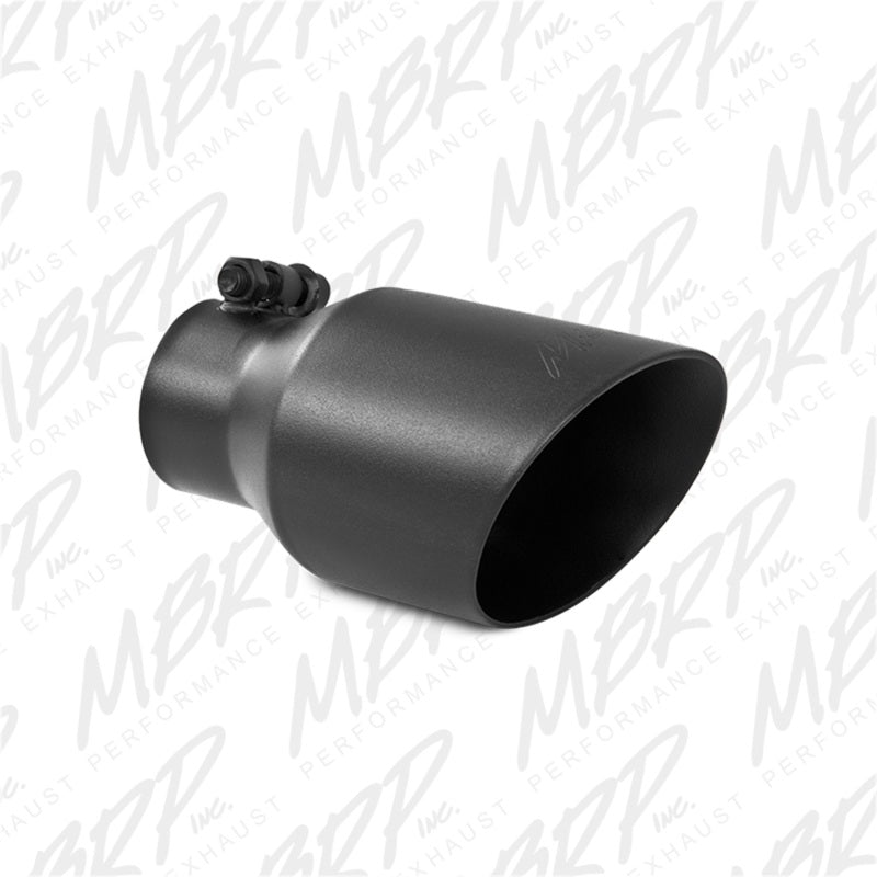 Black T304 stainless steel dual-wall angled exhaust tip featuring a 2.5-inch inlet and integrated mounting clamp.