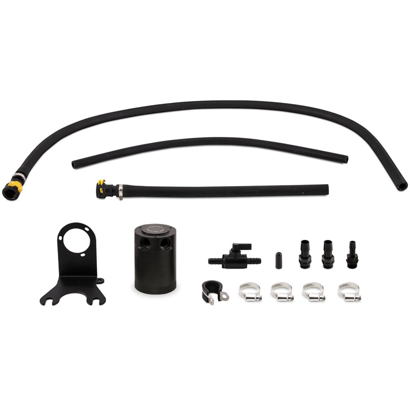 Mishimoto black baffled oil catch can kit with pre-cut hoses and steel mounting bracket for 3.6L Jeep Wrangler and Gladiator.
