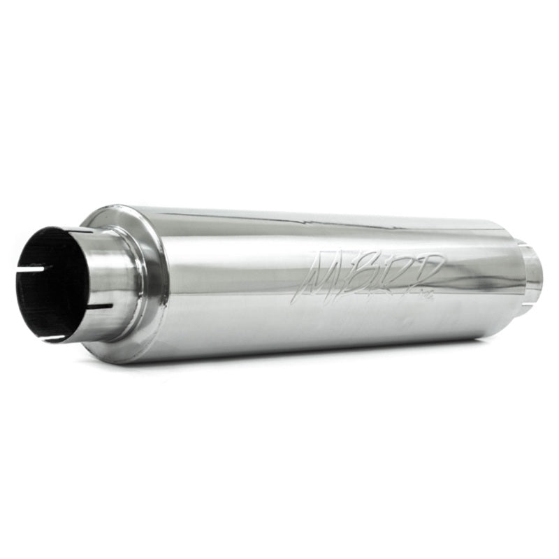 MBRP Quiet Tone T304 stainless steel universal diesel muffler featuring a 4-inch inlet and outlet.
