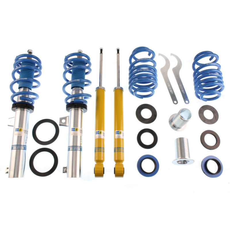 Bilstein B14 PSS coilover kit featuring monotube dampers with blue coil springs and threaded zinc-coated bodies.