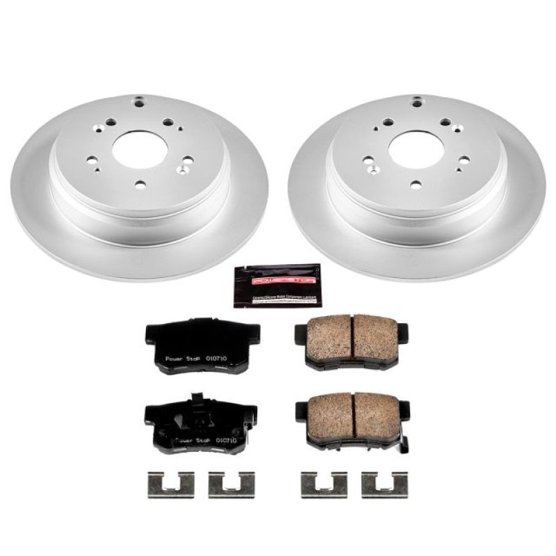 Rear Power Stop Z17 Evolution Geomet coated brake rotors with Z17 ceramic brake pads and installation hardware.