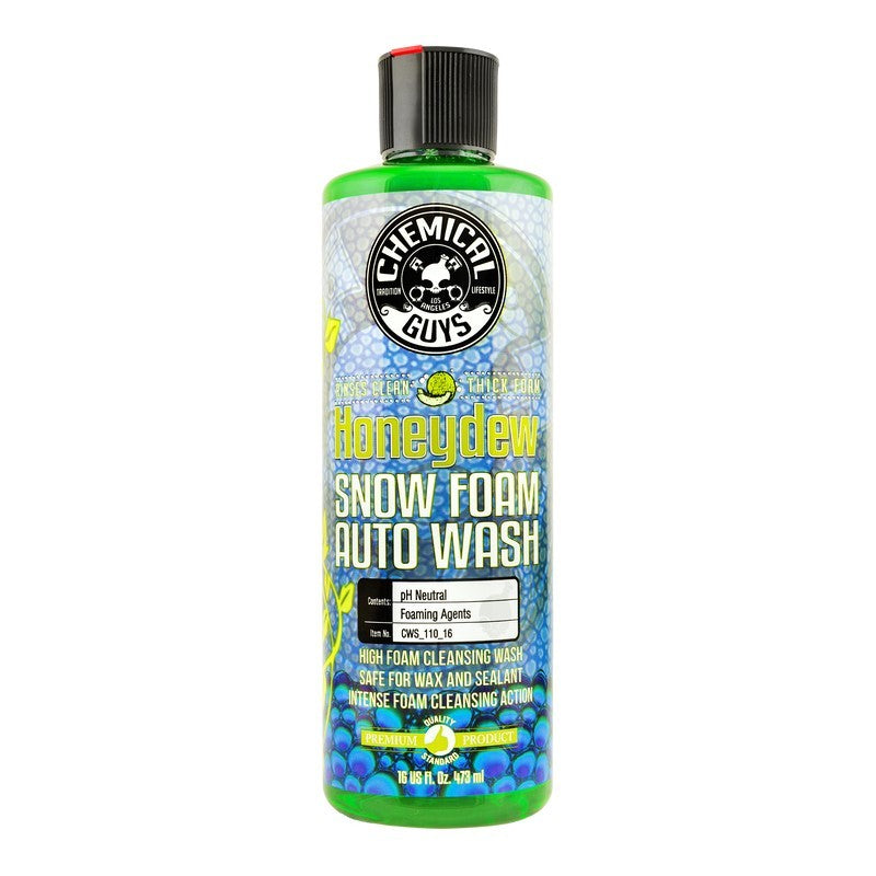 16oz clear bottle containing bright green Chemical Guys Honeydew Snow Foam auto wash soap with a black flip-top cap.