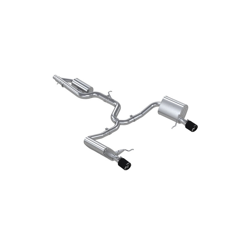 MBRP T304 stainless steel cat-back exhaust system with mandrel-bent tubing and dual 4-inch carbon fiber tips.