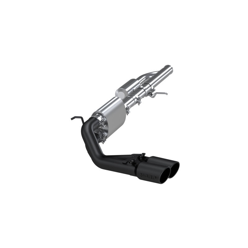 MBRP Armor BLK Series 3-inch aluminized steel cat-back exhaust with black powder coated pre-axle dual outlets and 4-inch tips