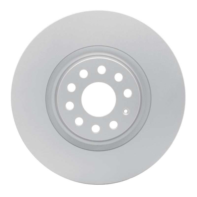 DFC GeoSPEC silver-coated front brake rotor showing precision-milled surface and anti-corrosion finish.