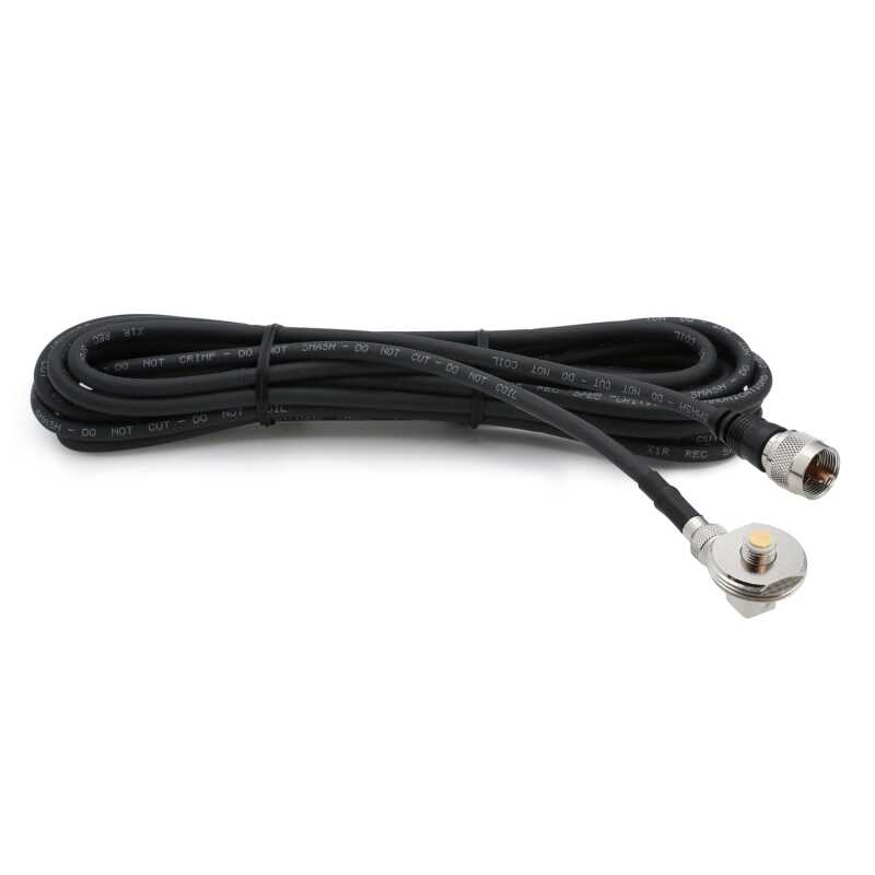 Rugged Radios 15-foot black coaxial antenna cable with a removable mini 3/8-inch NMO bulkhead mount.