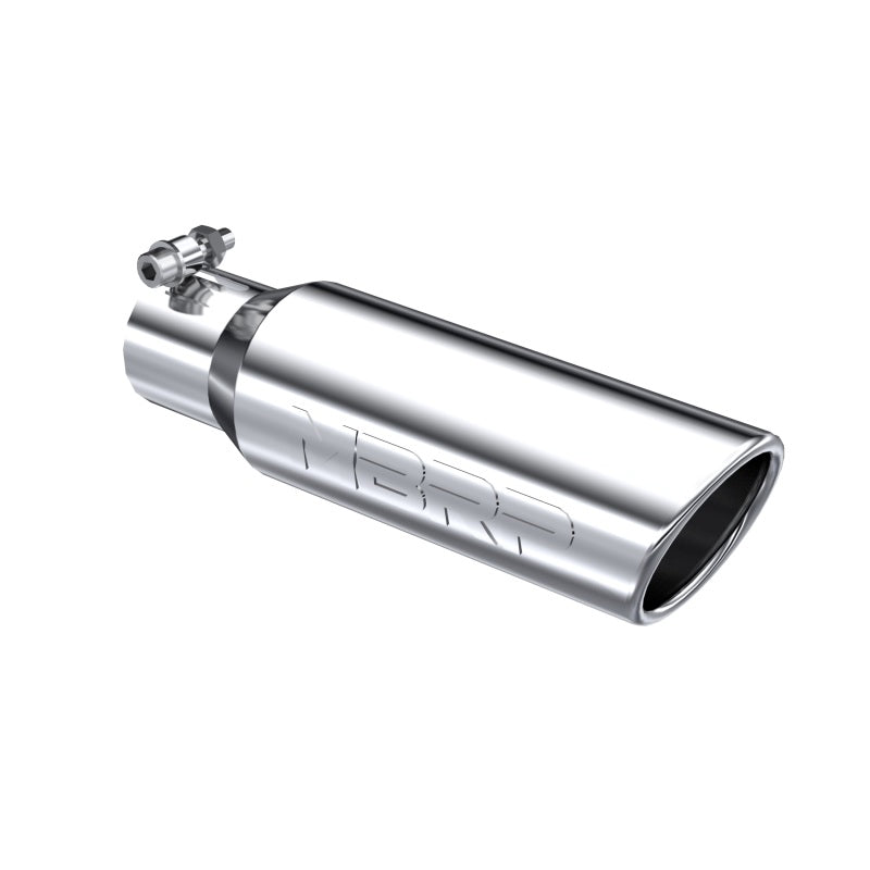 Mirror-polished MBRP T304 stainless steel exhaust tip with a 2-inch inlet and 3-inch angled rolled outlet.