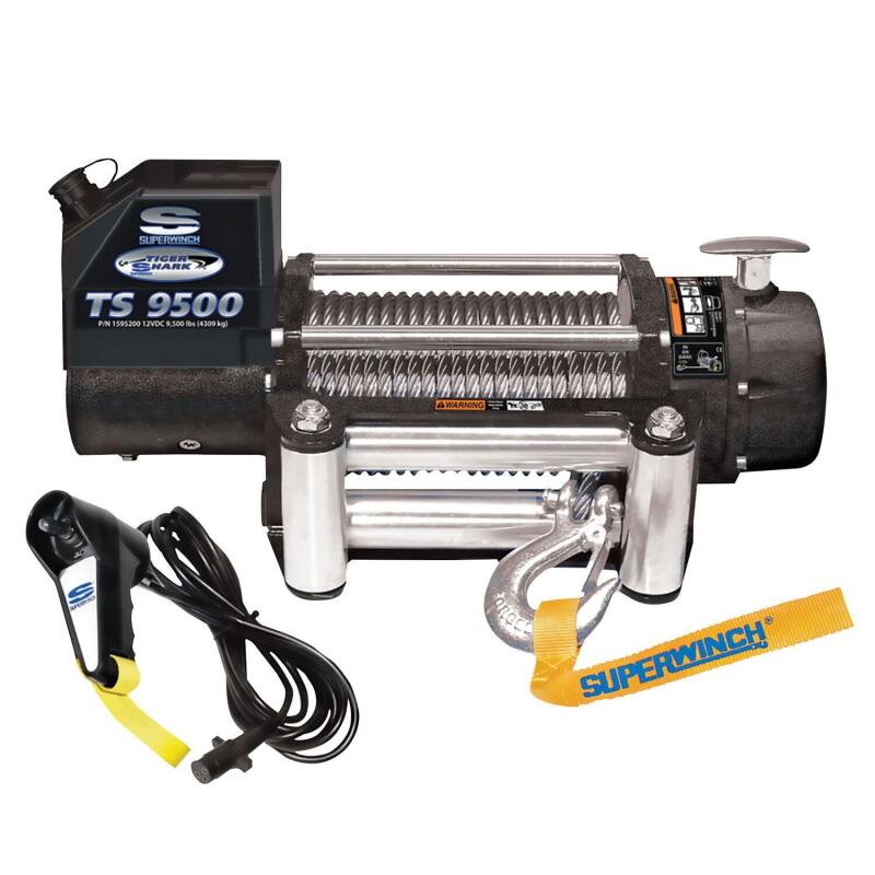Superwinch Tiger Shark 9500 electric winch featuring steel wire rope and a stainless steel 4-way roller fairlead