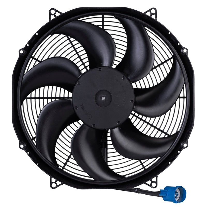 SPAL 15.2-inch 500W brushless radiator fan with low-profile flush mount shroud and jumper wiring harness.