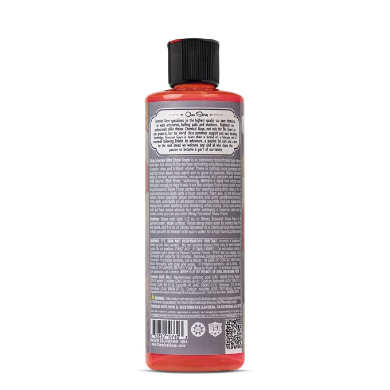 16oz clear bottle of Chemical Guys Sticky Snowball Snow Foam Auto Wash soap with a blue and white label
