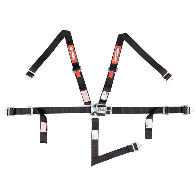Black RaceQuip junior 5-point racing harness with latch and link buckle and steel mounting hardware.