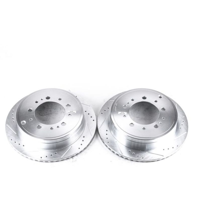 Pair of silver zinc-plated rear drilled and slotted brake rotors for Toyota Tundra and Sequoia