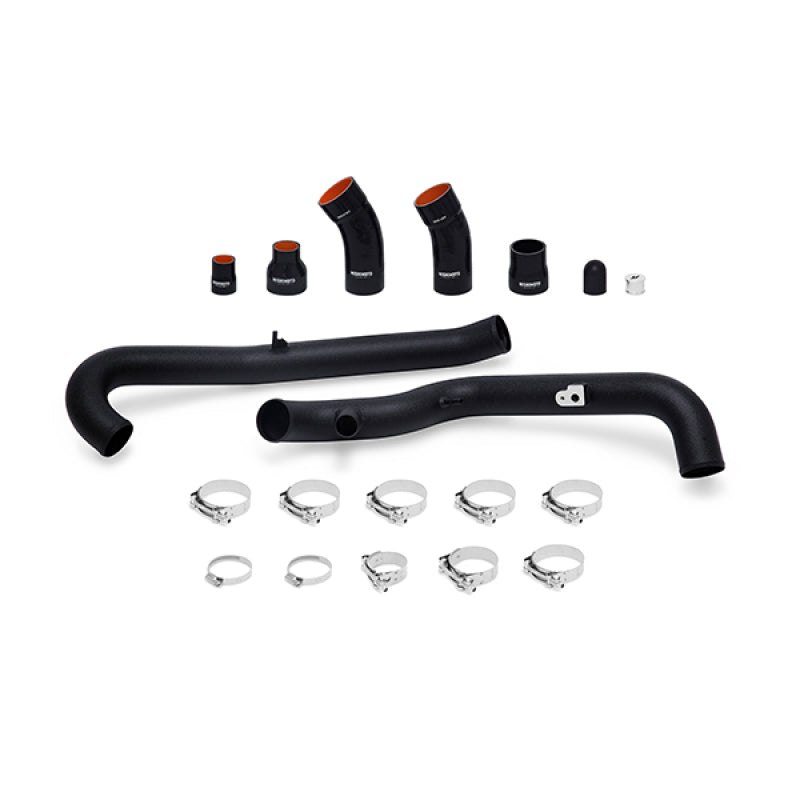 Wrinkle black 2.5-inch aluminum intercooler piping kit with black silicone couplers and stainless steel T-bolt clamps.