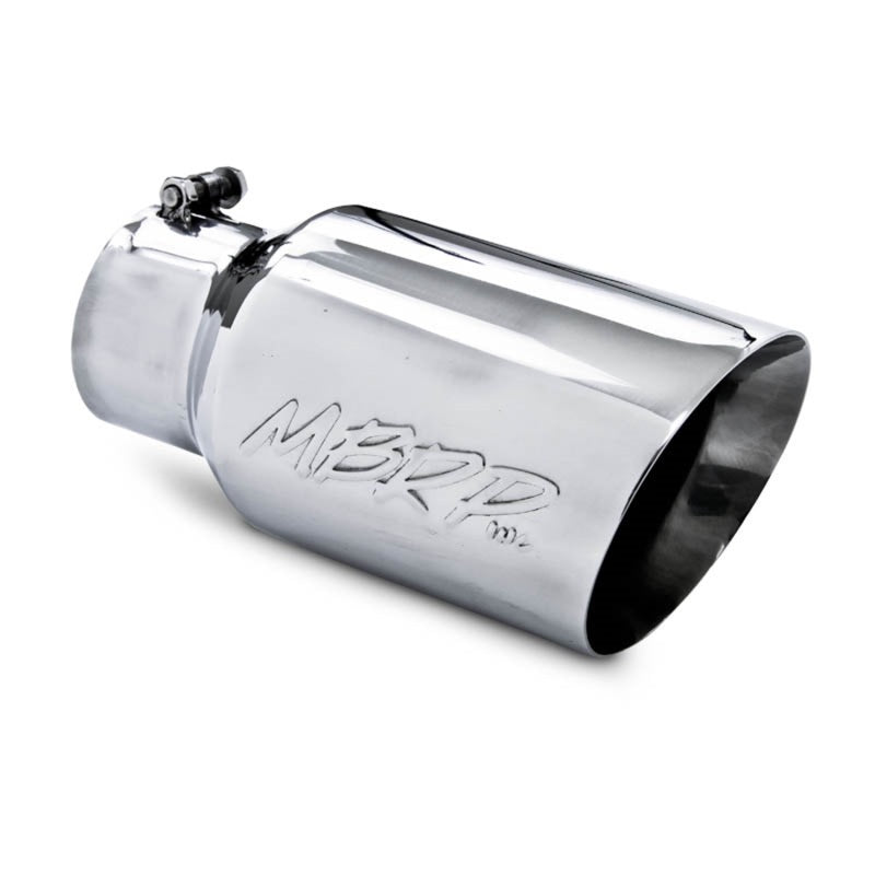 Polished MBRP T304 stainless steel exhaust tip showing the 6-inch dual wall angled outlet and 4-inch inlet.