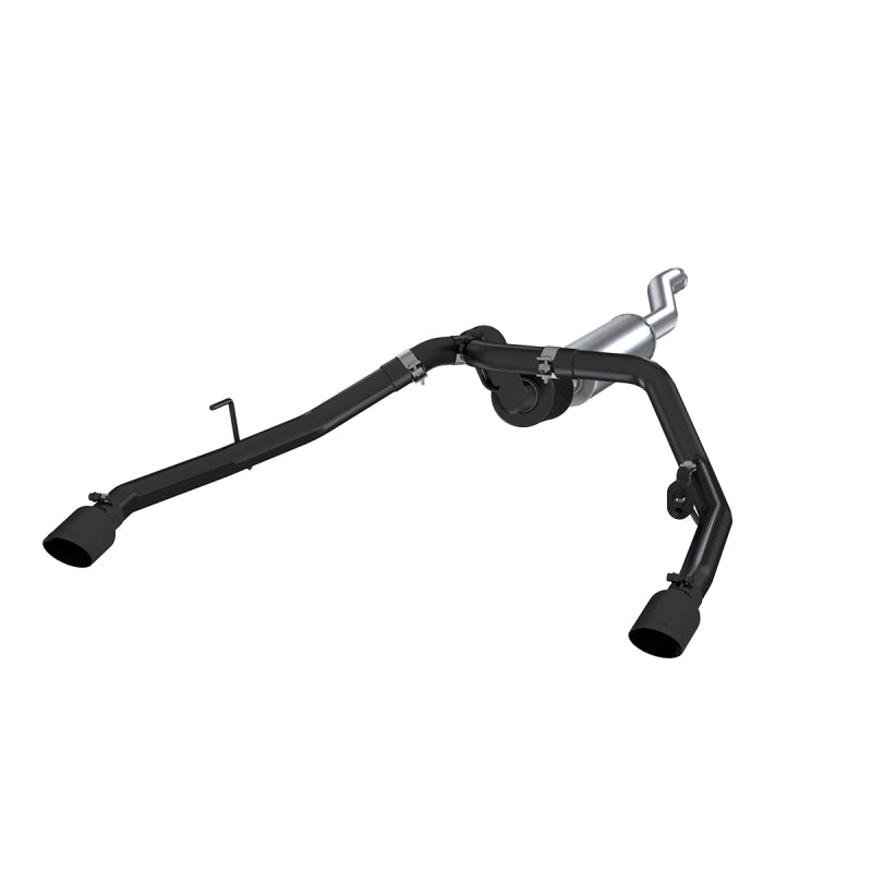 MBRP ARMOR BLK Series 2.5-inch cat-back exhaust system with black coated dual rear exit tips for Jeep Gladiator.