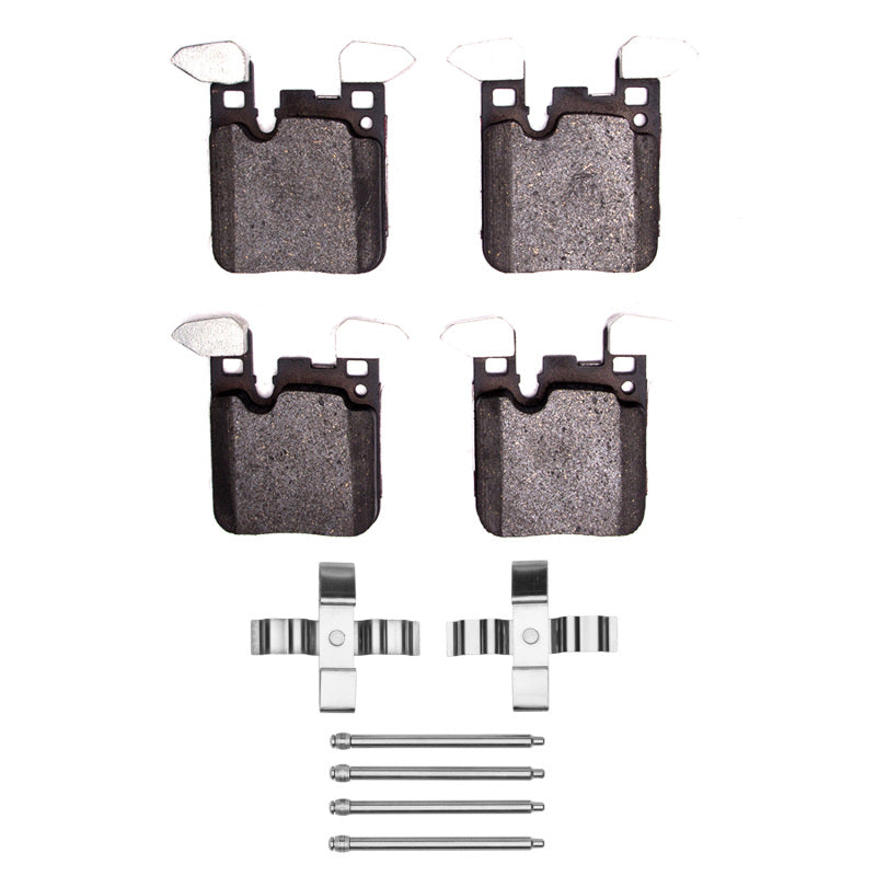 DFC 4000 HybriDynamic rear brake pad set with stainless steel hardware clips.