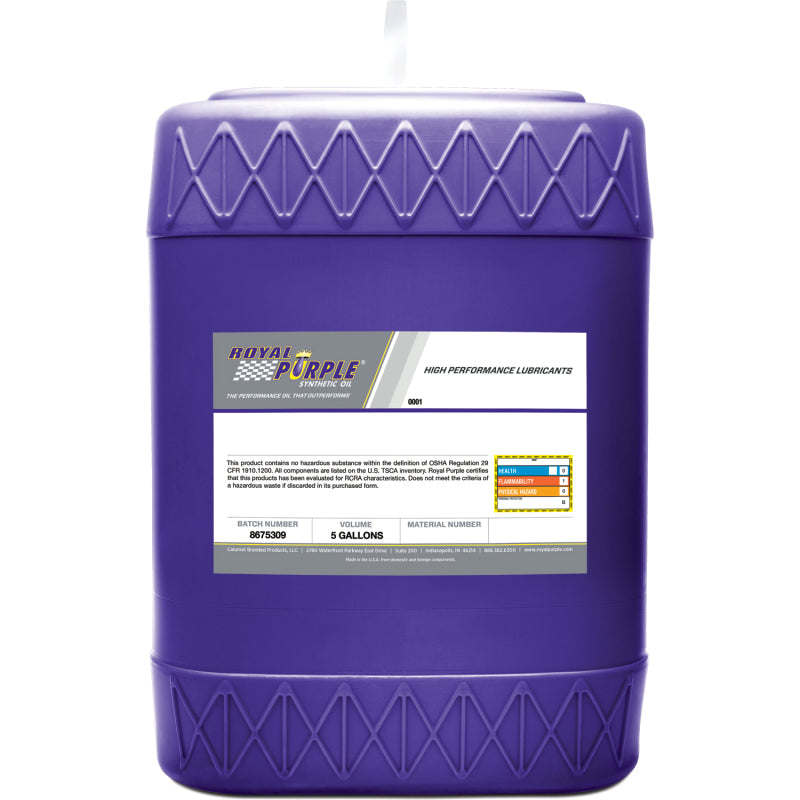 5-gallon pail of Royal Purple Duralec Ultra 15W-40 CK-4 heavy-duty diesel motor oil with brand labeling.