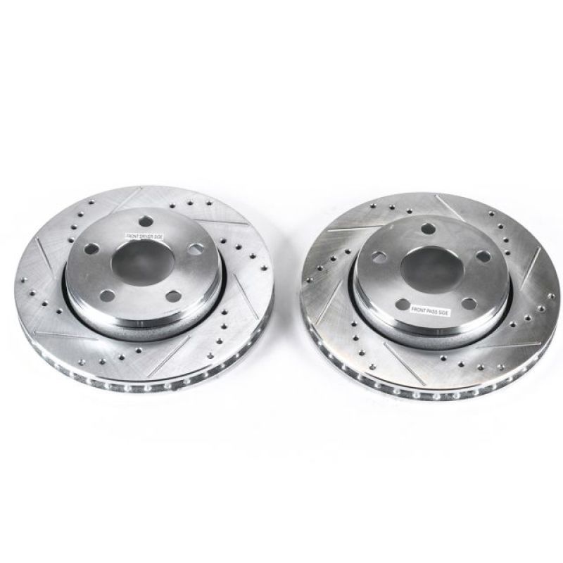 Pair of silver zinc-plated Power Stop Evolution drilled and slotted front brake rotors for Jeep Wrangler.