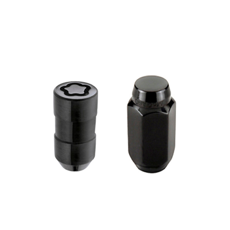 McGard 84527 Black 5-lug wheel installation kit featuring M14x1.5 cone seat lug nuts, wheel locks, and key tool.