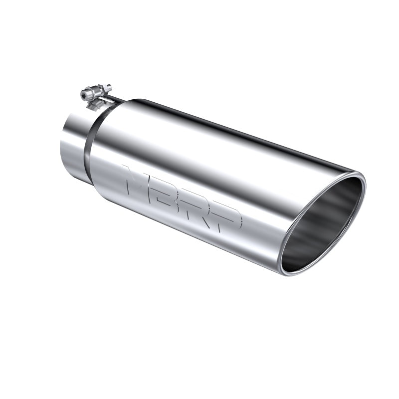 Polished MBRP T304 stainless steel exhaust tip featuring a 5-inch inlet and a 6-inch angled rolled-end outlet.