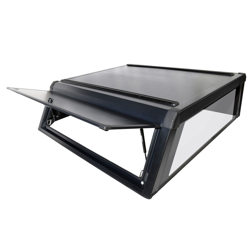 Textured black Westin EXP modular aluminum truck cap with gullwing side doors and integrated roof rails.